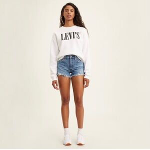 LEVI’S Wedgie Straight Leg Cut Off Blue Jean Shorts Raw Hem